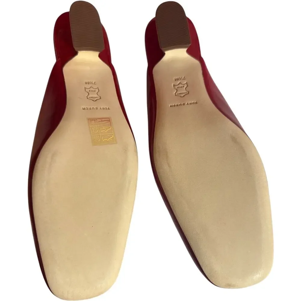 Tory Burch Woven Logo Kitten Heel Mules Red Leather Size 7.5 New With Box